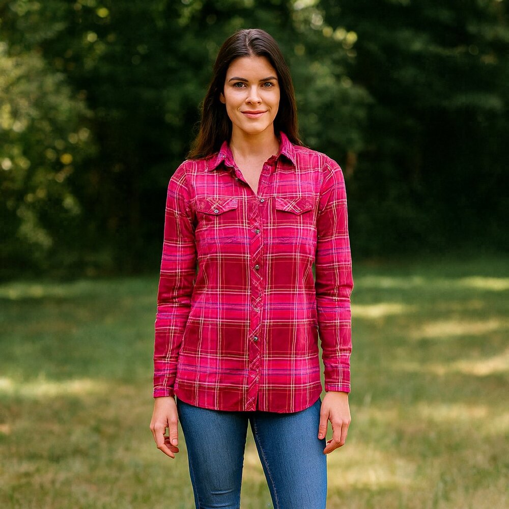 Eddie Bauer Women XS Classic Fit Purple Plaid Flannel Chore Work Long Sleeve Y2K